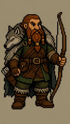 full-body original character: a dwarven ranger with a braided auburn beard, worn leather armor, a longbow and a wolf-pelt cloak, neutral background, no text