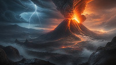an erupting volcano with lightning strikes, dramatic wide composition, no text