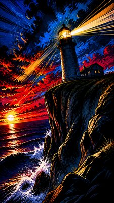 a lone lighthouse on a cliff at dusk under a dramatic sky, no text or lettering