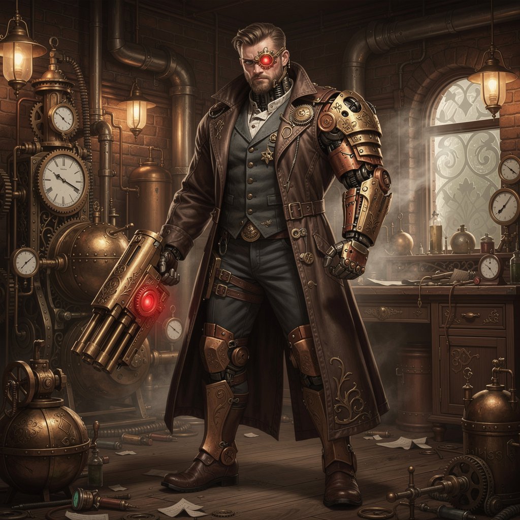 "A dramatic, full-body portrait of Arnold Schwarzenegger as a Steampunk Terminator, standing powerfully in a richly detailed Victorian-era workshop. Arnold's iconic Terminator face is visible, with a glowing red eye, partially obscured by an intricate, metallic eyepatch and visible cybernetic components around his neck and face. He wears a heavy, dark brown leather duster coat over a tailored waistcoat and trousers, all adorned with brass buckles, gears, and leather straps. His left arm is a formidable steampunk prosthetic, crafted from polished brass, copper, and exposed gears, ending in a massive, Gatling-gun-like weapon integrated into the forearm. His right hand wears a finely detailed leather glove with metallic accents. The background of the workshop is filled with vintage machinery, pressure gauges, steam pipes, exposed brick walls, and the soft glow of gas lamps. Smoke or steam gently drifts through the air, adding to the atmospheric industrial setting. The overall aesthetic is gritty, sophisticated, and perfectly blends the sci-fi elements of the Terminator with the intricate mechanical beauty of steampunk