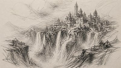 a cliffside city with waterfalls cascading into a misty canyon, wide establishing shot, no people, no text