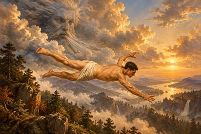 a painting of a man floating in the air