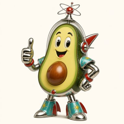 a happy avocado character giving a thumbs up, bold readable design on a plain background, no text