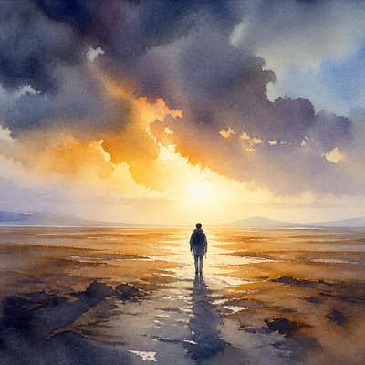 a solitary figure walking toward a glowing horizon across an empty plain, moody atmosphere, no text or lettering