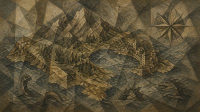 a map of an island realm with mountains, forests, a sheltered bay, sea monsters in the water and a compass rose, no text labels