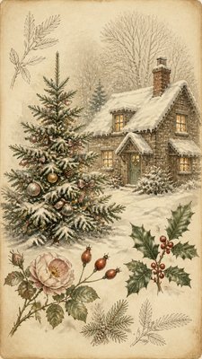 a snow-covered cottage with warm glowing windows beside a decorated pine tree, gentle snowfall, no text