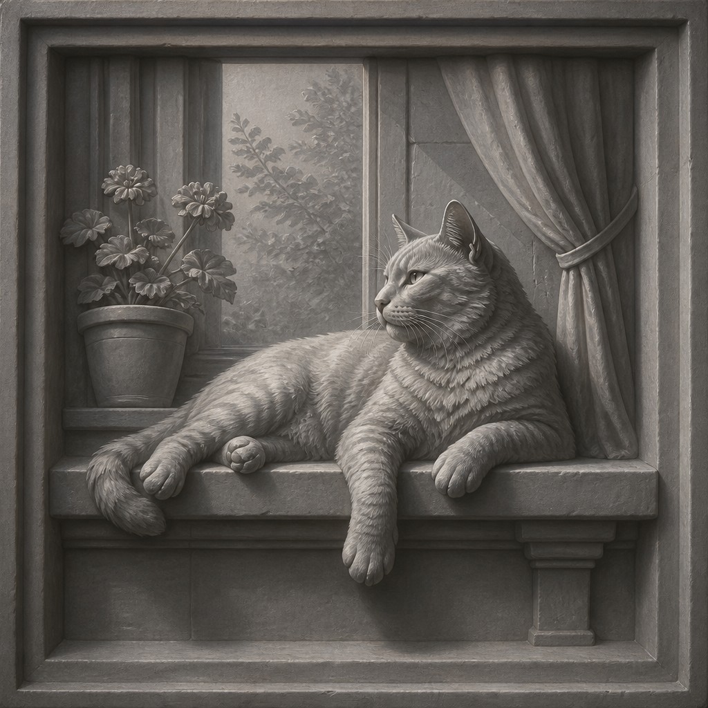 a cat lounging in a sunlit window — Grisaille Painting Style