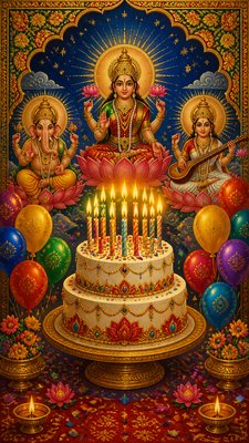 a birthday cake with lit candles surrounded by balloons and confetti, festive vertical composition, no text