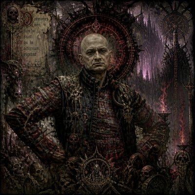 a painting of a man standing in front of a throne