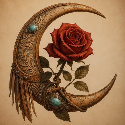 a rose entwined with a crescent moon, clean balanced composition on a plain background, no text