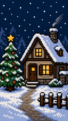 a snow-covered cottage with warm glowing windows beside a decorated pine tree, gentle snowfall, no text