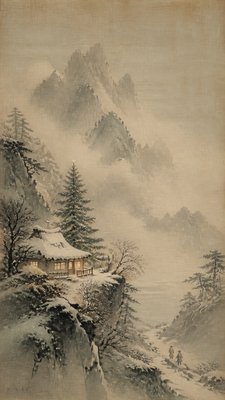 a snow-covered cottage with warm glowing windows beside a decorated pine tree, gentle snowfall, no text