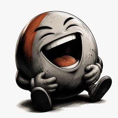 an exaggerated laughing face of an original round mascot character, bold and readable at small size, plain background, no text