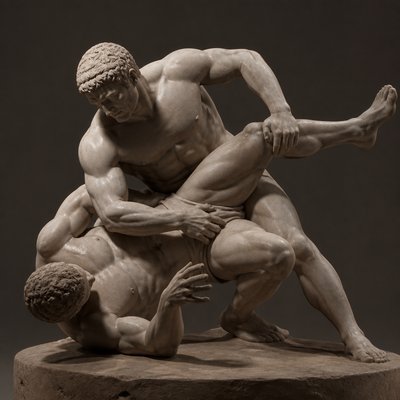 ancient greek athlete flips another athlete on the ground