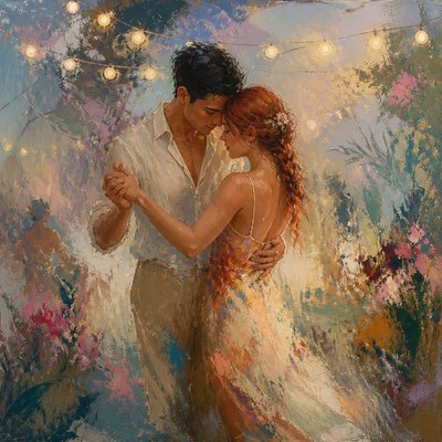 an original couple dancing under string lights in a garden at dusk: a man with short black hair in a linen shirt and a woman with braided red hair in a summer dress