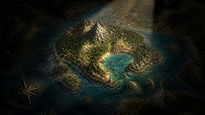 a map of an island realm with mountains, forests, a sheltered bay, sea monsters in the water and a compass rose, no text labels