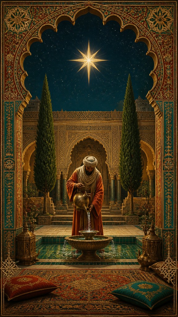 a robed figure pouring water beneath a large eight-pointed star in a night sky, symmetrical composition with an ornate decorative border, no text