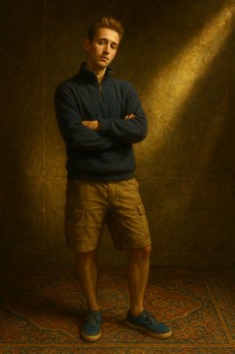 a painting of a man standing with his arms crossed