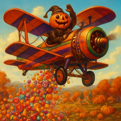 A fantastically cheerful and dynamic scene featuring the happy pumpkin-head figure (with the swirled, smiling carved face and internal glow) as the pilot of a classic, brightly colored biplane. The biplane itself is whimsically designed, perhaps with candy-themed accents or painted in vibrant, cheerful colors like orange, purple, and green.

The biplane is soaring through a clear, azure autumn sky, actively 'crop-dusting' a massive, exuberant stream of colorful Halloween candy from its underside. The candy (an abundant mix of wrapped chocolates, lollipops, candy corn, and various sweets) cascades downwards in a wide, joyous plume, spreading across the landscape below.

The landscape beneath the biplane is an idyllic, festive autumnal scene: rolling hills covered in vibrant fall foliage (golden, red, orange trees), a charming pumpkin patch, or a quaint, candy-colored village. The perspective is dynamic, capturing the plane in motion with the candy streaming behind it. The lighting is bright and sunny, emphasizing the vivid colors of the plane, the candy, and the autumn scenery. The overall mood is one of pure, unadulterated joy, playful magic, and festive exuberance, like a sugary parade from the sky." whimsical illustration, vibrant, dynamic motion, expressive character, detailed candy and plane design, festive atmosphere
