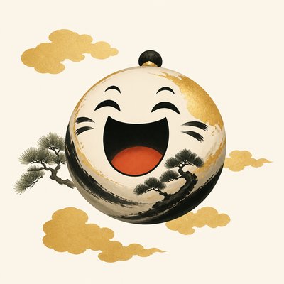 an exaggerated laughing face of an original round mascot character, bold and readable at small size, plain background, no text