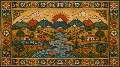 a vast valley with a river winding toward distant mountains at sunrise, no people, no text
