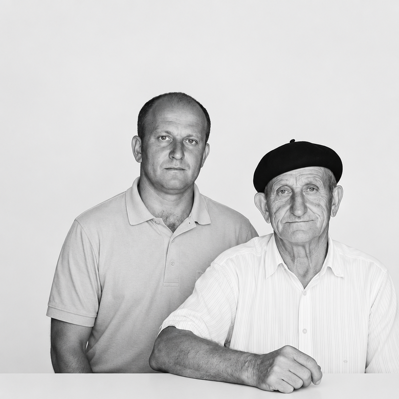 a black and white photo of two men