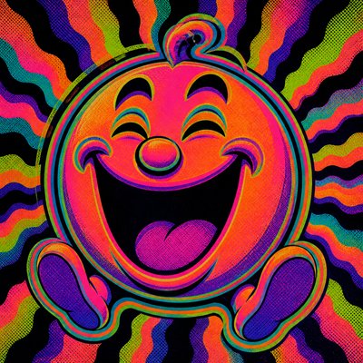 an exaggerated laughing face of an original round mascot character, bold and readable at small size, plain background, no text