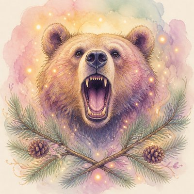 a roaring bear head above crossed pine branches, bold graphic composition on a plain background, no text