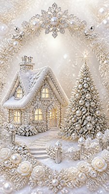 a snow-covered cottage with warm glowing windows beside a decorated pine tree, gentle snowfall, no text