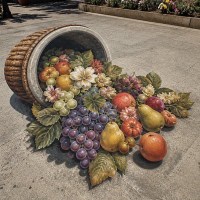 still life arrangement of fruits and flowers
