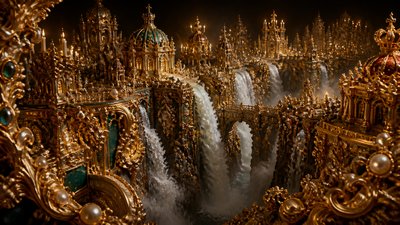 a cliffside city with waterfalls cascading into a misty canyon, wide establishing shot, no people, no text