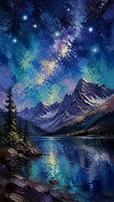 a tranquil mountain lake beneath a starry night sky, no people, no text