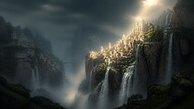 a cliffside city with waterfalls cascading into a misty canyon, wide establishing shot, no people, no text