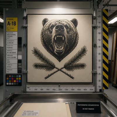 a roaring bear head above crossed pine branches, bold graphic composition on a plain background, no text