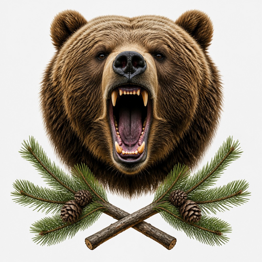 a roaring bear head above crossed pine branches, bold graphic composition on a plain background, no text