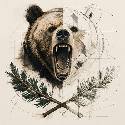 a roaring bear head above crossed pine branches, bold graphic composition on a plain background, no text