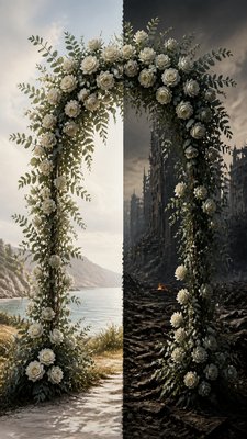an arch of white roses and eucalyptus in soft morning light, elegant vertical composition with open space, no text