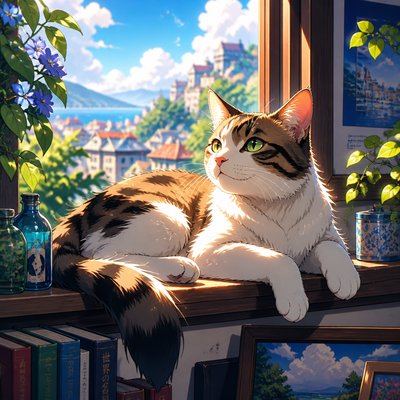 a cat lounging in a sunlit window