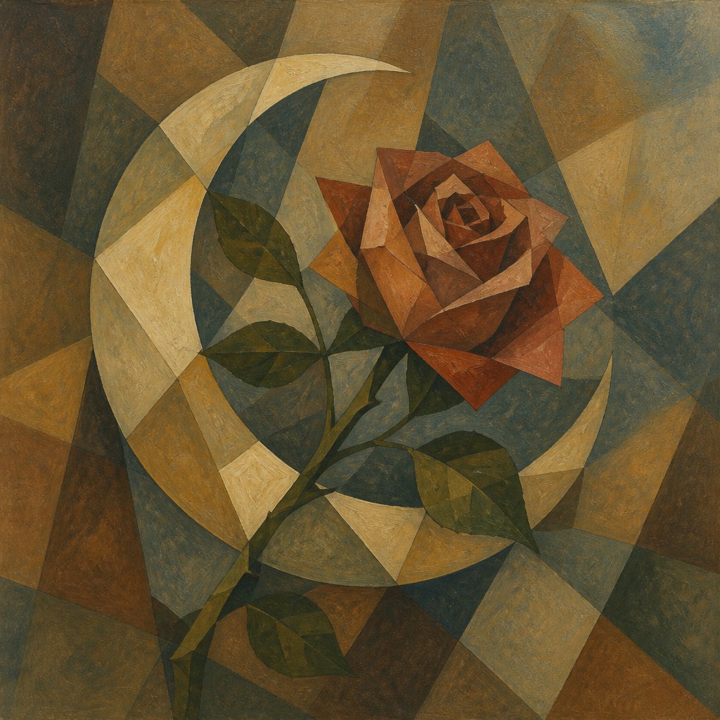 a rose entwined with a crescent moon, clean balanced composition on a plain background, no text