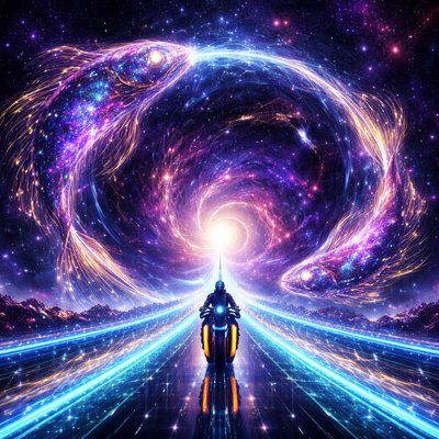 Neon-Futurism Digital Art Style, Bioluminescent Sci-Fi Cosmic Setting, Symmetrical Masterpiece. A breathtaking, wide-angle shot that symbolizes the completion of the celestial cycle.

The Rider & Bike Consistency: The lone motorcyclist—in the iconic sleek, armored suit and integrated helmet—is positioned in the center of the frame. They are riding the hubless "light-cycle" sportbike with its signature cyan and orange glowing wheel rings. The rider is perfectly balanced, speeding forward into the heart of the constellation.

The Path (The Intertwined Ecliptic): The glowing blue laser-grid highway splits into two identical paths that spiral and weave around each other like a strand of DNA. The rider is caught in the moment of transition, centered between the two curving paths of light.

The Pisces Presence: Looming on either side of the highway are two colossal, celestial Fish. These are not organic fish, but majestic constructs of shimmering violet nebulae and intricate golden circuitry. One fish swims upward, the other downward, creating a massive circular motion that frames the entire scene.

The Connection: A glowing "silver cord" made of concentrated starlight connects the two fish, arching over the rider like a bridge of pure energy.

Atmosphere & Finale: The background is a dense, colorful field of galaxies and star clusters in shades of deep plum, electric blue, and soft magenta. The entire scene glows with a harmonious, ethereal light, reflecting off the glossy road and the rider's chrome-finish armor. It is a moment of perfect cosmic equilibrium.