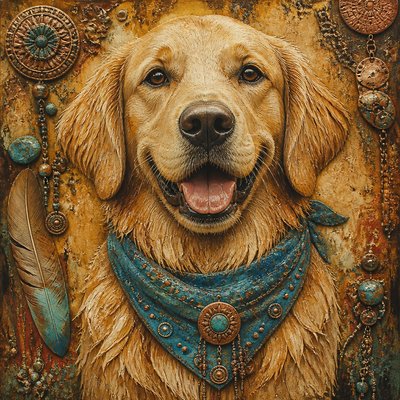 portrait of a golden retriever wearing a blue bandana, warm plain backdrop, no text