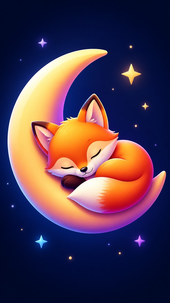 a sleeping baby fox curled on a crescent moon among soft stars, gentle and warm, no text