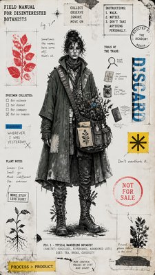 full-body original character: a wandering botanist with a satchel of plants, a patched green cloak, tall boots and round glasses, neutral background