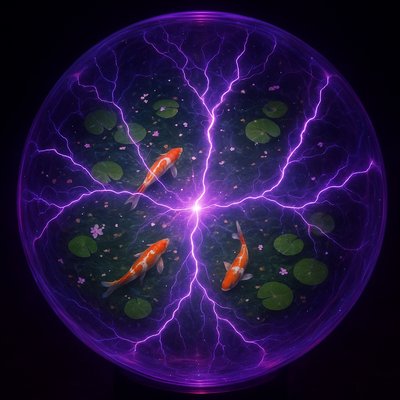 A koi pond seen from above, orange and white koi fish swimming among lily pads, clear water with subtle ripples, fallen cherry blossom petals floating on the surface, dappled sunlight