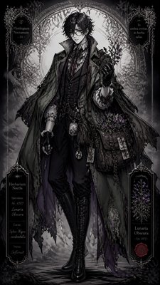full-body original character: a wandering botanist with a satchel of plants, a patched green cloak, tall boots and round glasses, neutral background