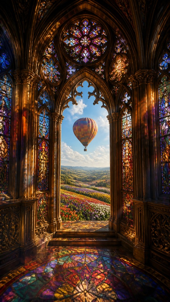 a hot air balloon drifting over rolling flower fields on a sunny day, cheerful, no text