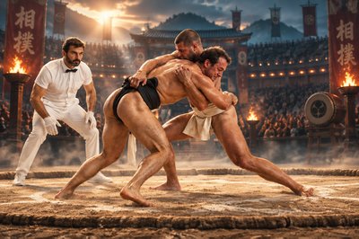 two men are fighting in front of a crowd
