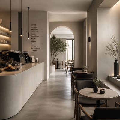 cozy cafe interior with warm lighting
