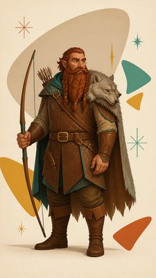 full-body original character: a dwarven ranger with a braided auburn beard, worn leather armor, a longbow and a wolf-pelt cloak, neutral background, no text
