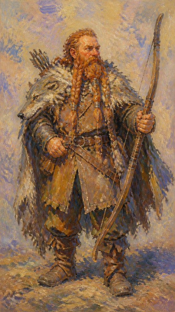 full-body original character: a dwarven ranger with a braided auburn beard, worn leather armor, a longbow and a wolf-pelt cloak, neutral background, no text
